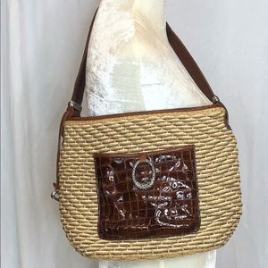 Brighton  Straw Weave Crossbody Purse Bag with Brown Patent Leather Accents